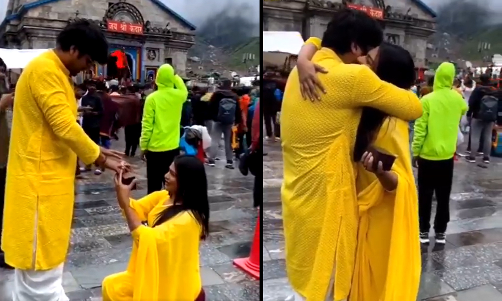 Woman proposes to boyfriend in front of Kedarnath Temple