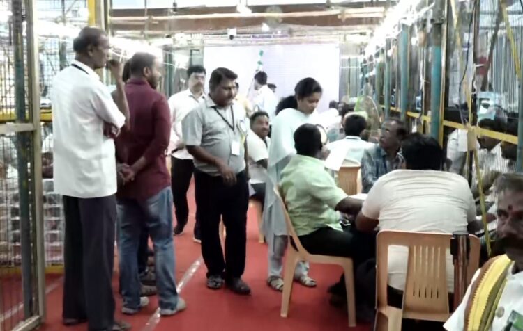 **EDS: SCREENSHOT VIA PTI VIDEOS** Erode: Counting of votes begins for Erode-East bypolls, in Erode, Tamil Nadu, Saturday, Feb. 8, 2025. (PTI Photo)  (PTI02_08_2025_000022A)